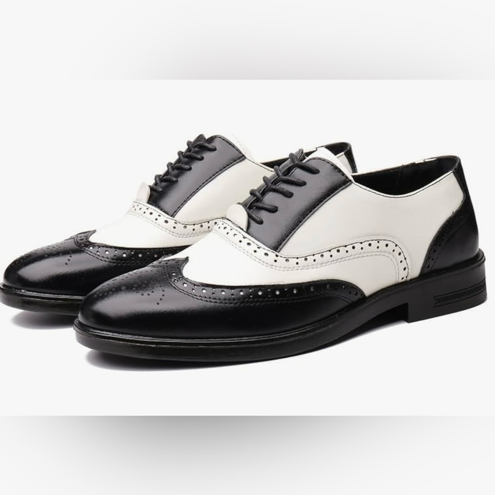 Men’s Wing Tip Carved Black White Matching Lace Up Dress Shoes Brogues Size 8.5